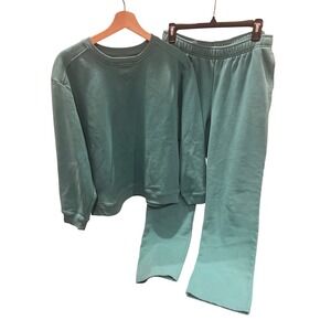 Karen Scott Sport Sweatshirt & Sweatpants Set Teal Green Fleece Lounge S/M Vtg